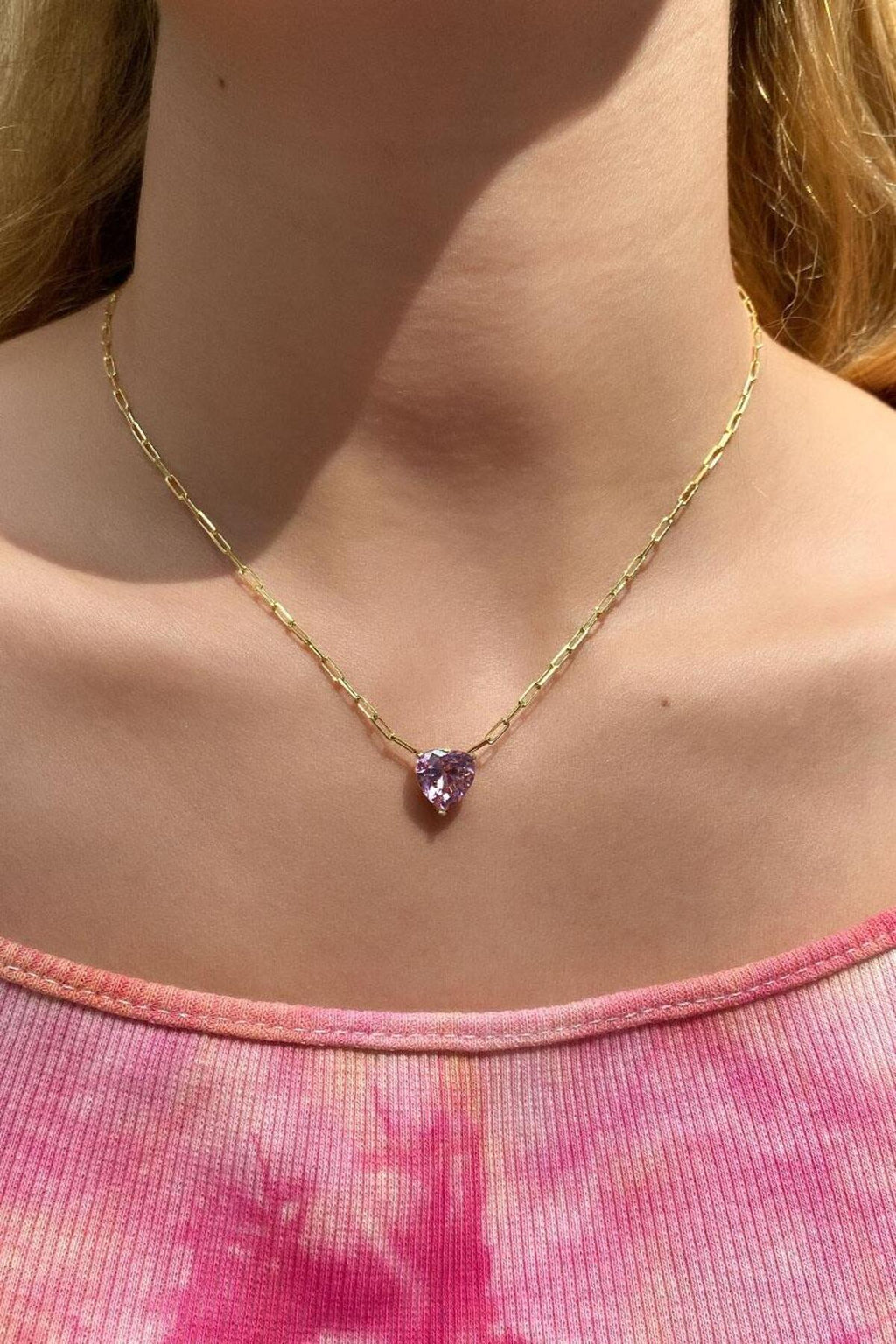 Pembe Taşlı Kalp Choker Kolye