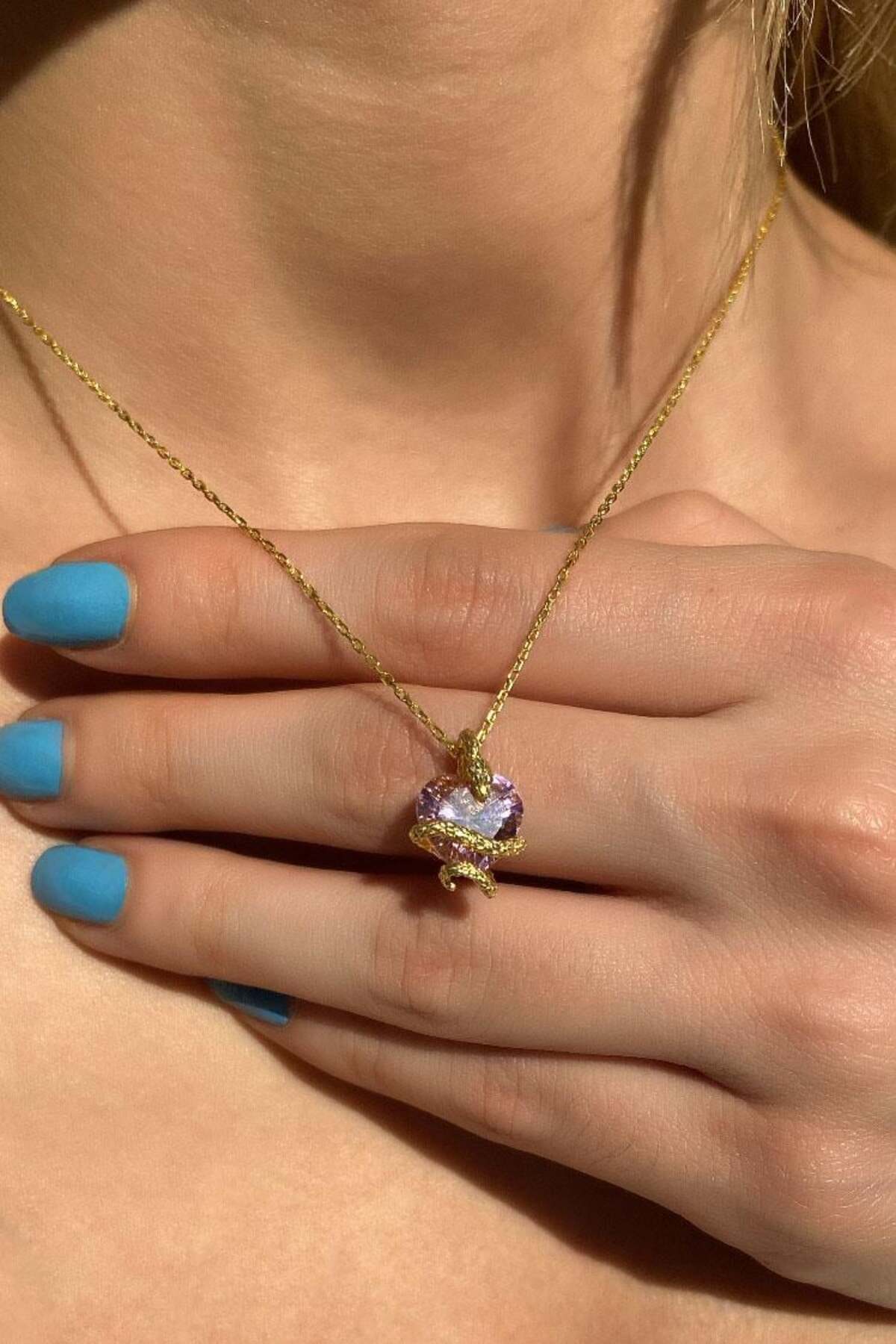 925 Ayar Gümüş, 14 Ayar Gold, Kırmızı Kalpli Yılan Kolye