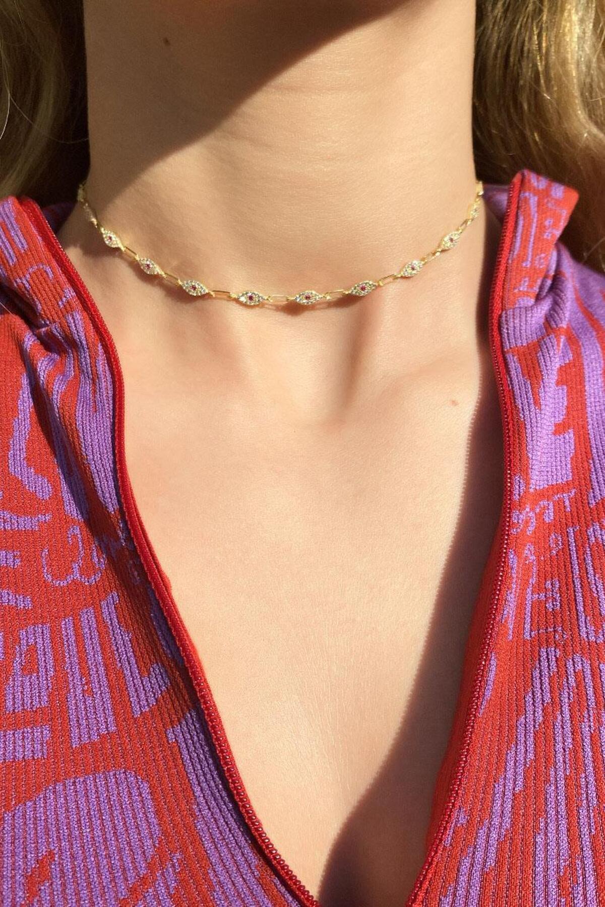925 Ayar Gümüş, Fuşya Taşlı Göz Choker Kolye