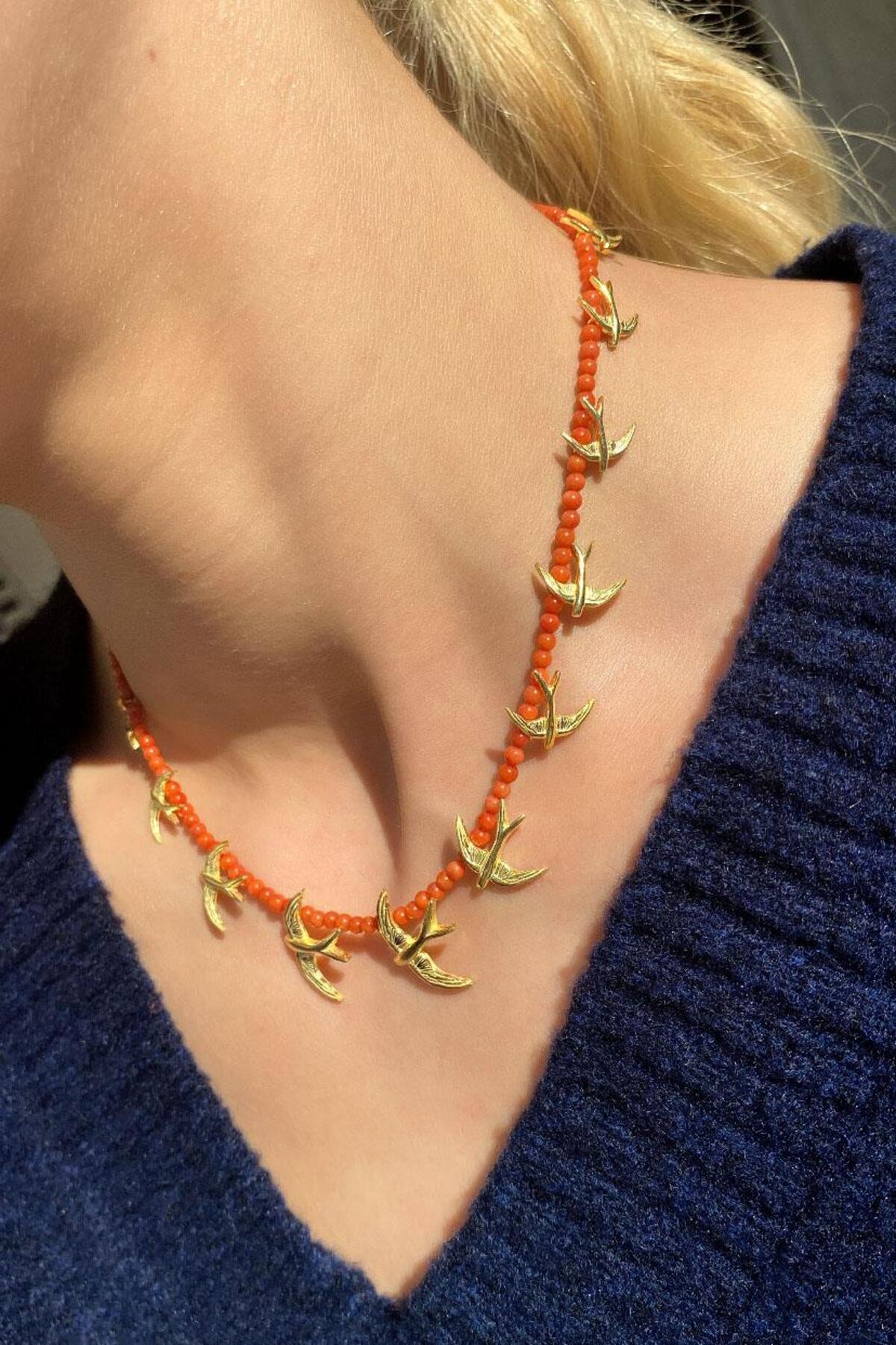 925 Ayar Gümüş, 14 Ayar Gold, Doğal Taşlı, Akik Taş, Kuş Choker Kolye