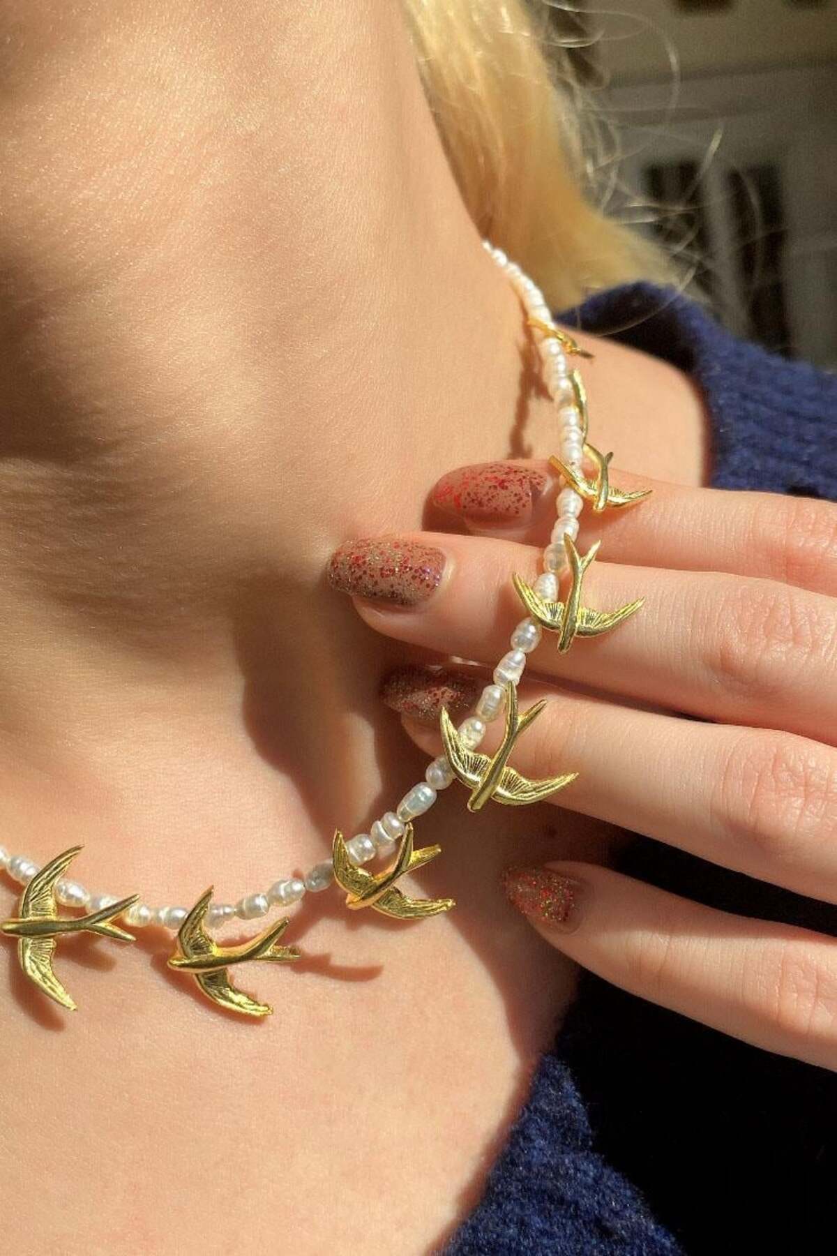 925 Ayar Gümüş, 14 Ayar Gold, Doğal Taşlı, Akik Taş, Kuş Choker Kolye