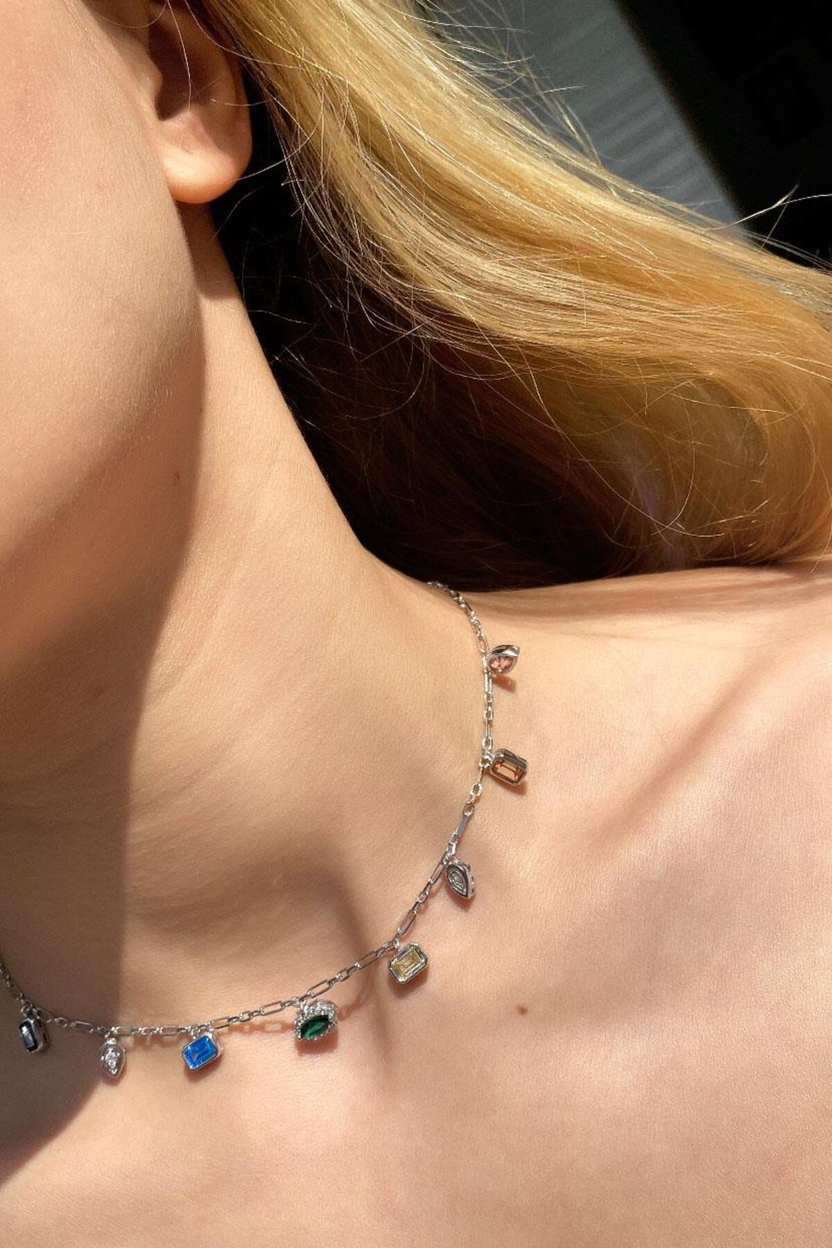 925 Ayar Gümüş, 14 Ayar Gold, Mix/Renkli Baget Taşlı Choker Kolye