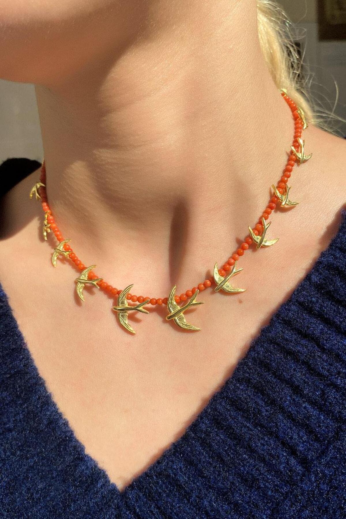 925 Ayar Gümüş, 14 Ayar Gold, Doğal Taşlı, Akik Taş, Kuş Choker Kolye