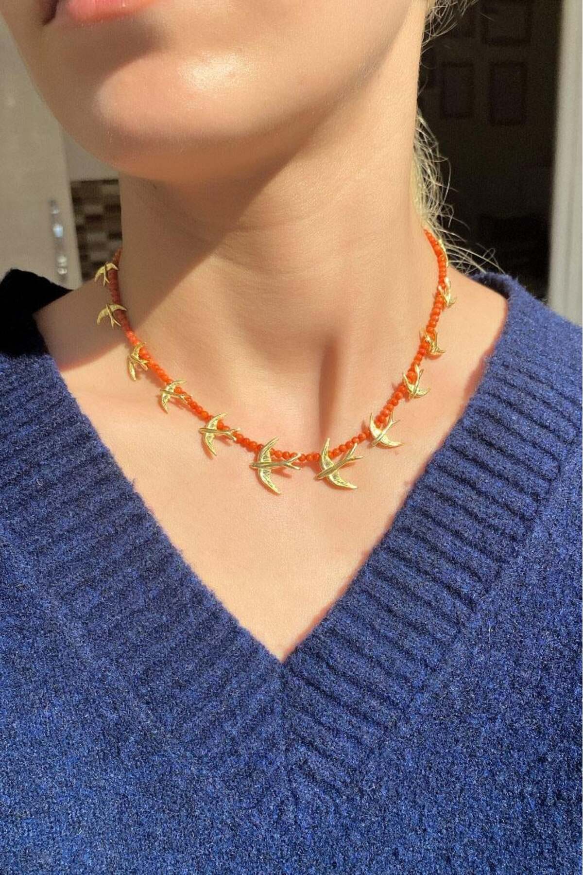 925 Ayar Gümüş, 14 Ayar Gold, Doğal Taşlı, Akik Taş, Kuş Choker Kolye