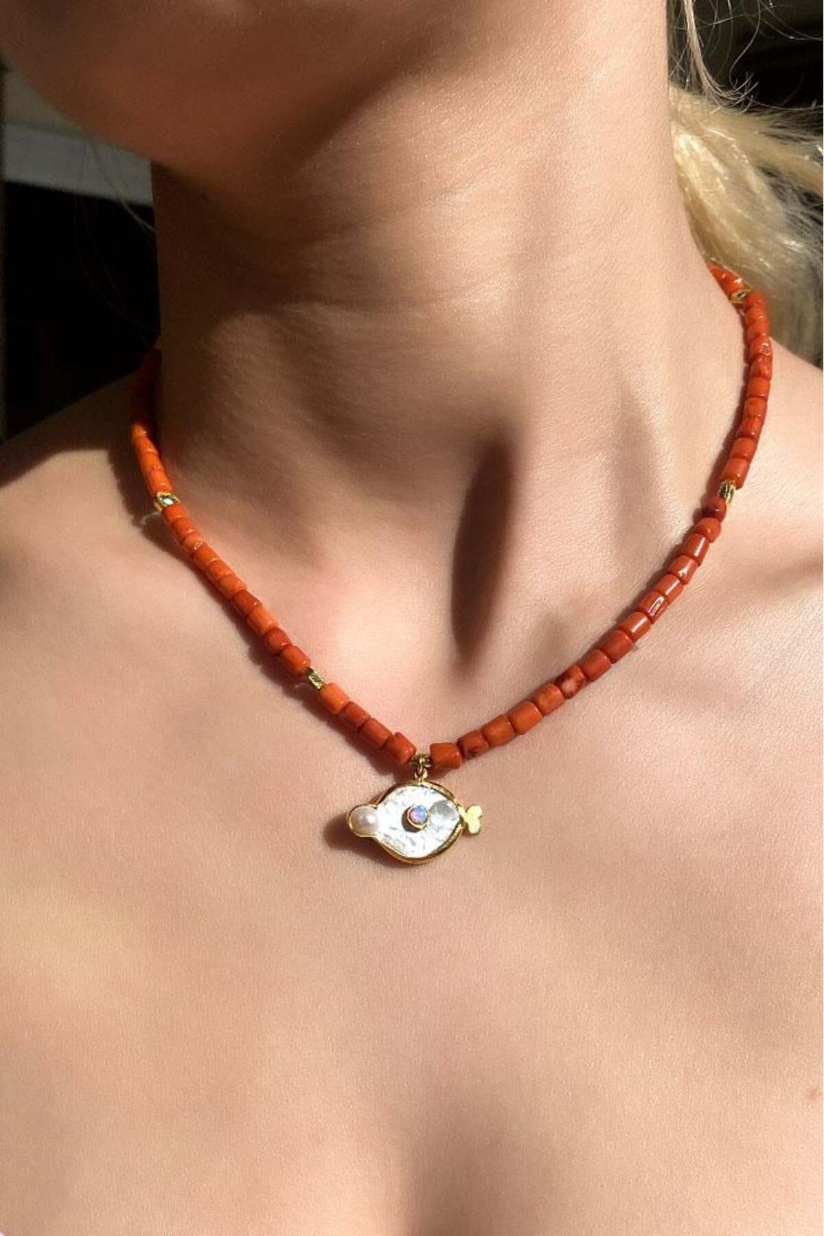 925 Ayar Gümüş, Doğal Taşlı, Coral (Mercan), Opal Taşlı Kolye