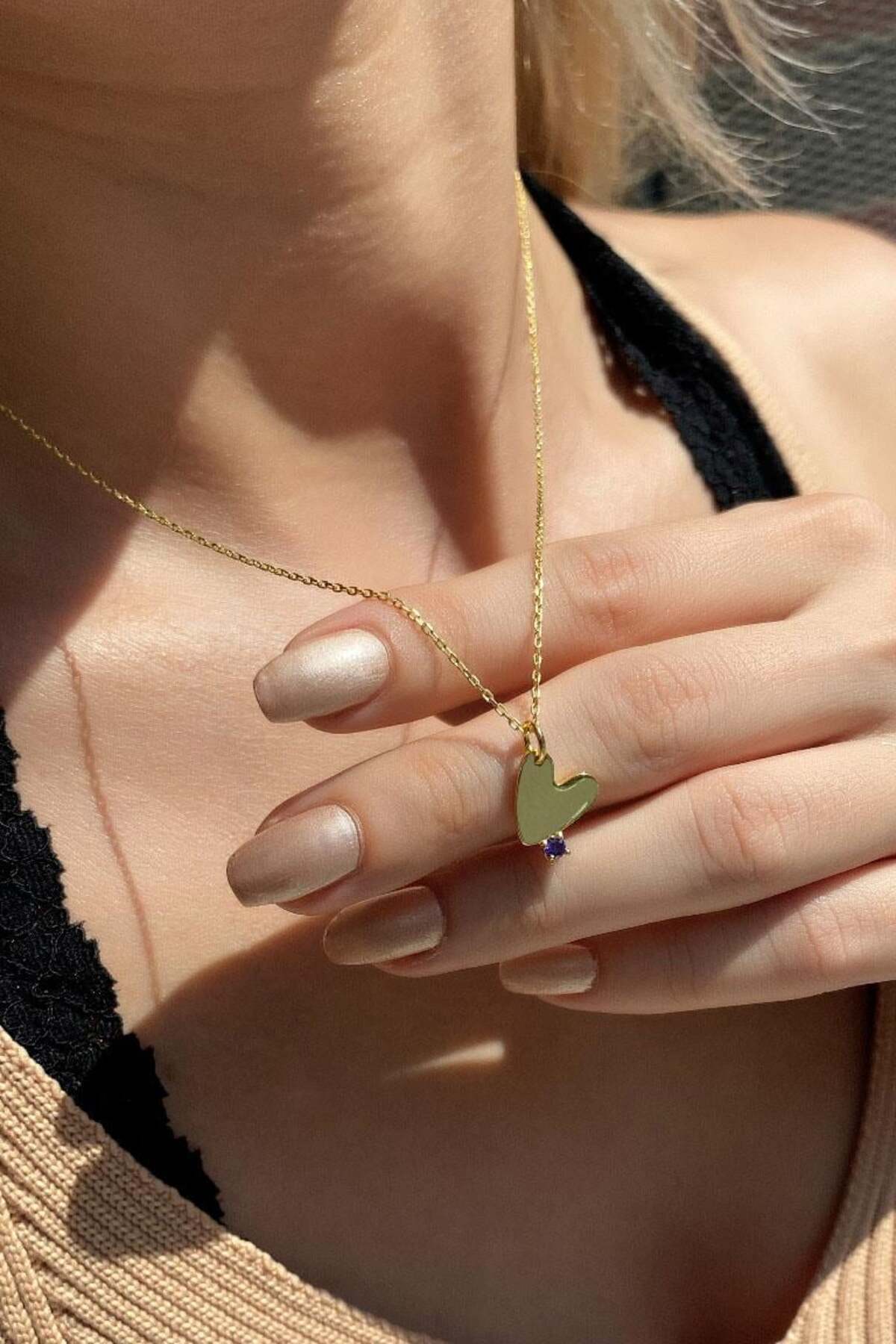 925 Ayar Gümüş, 14 Ayar Gold, Lacivert Taşlı Minimal Kalp Kolye. Sevgililer Günü