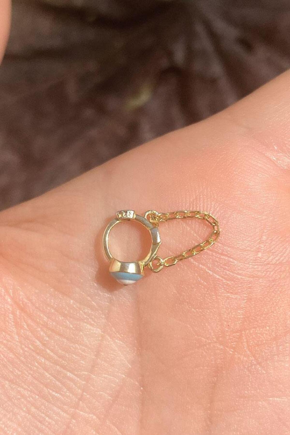 Küçük Boy Mineli Nazar Göz Zincirli Halka Piercing Küpe