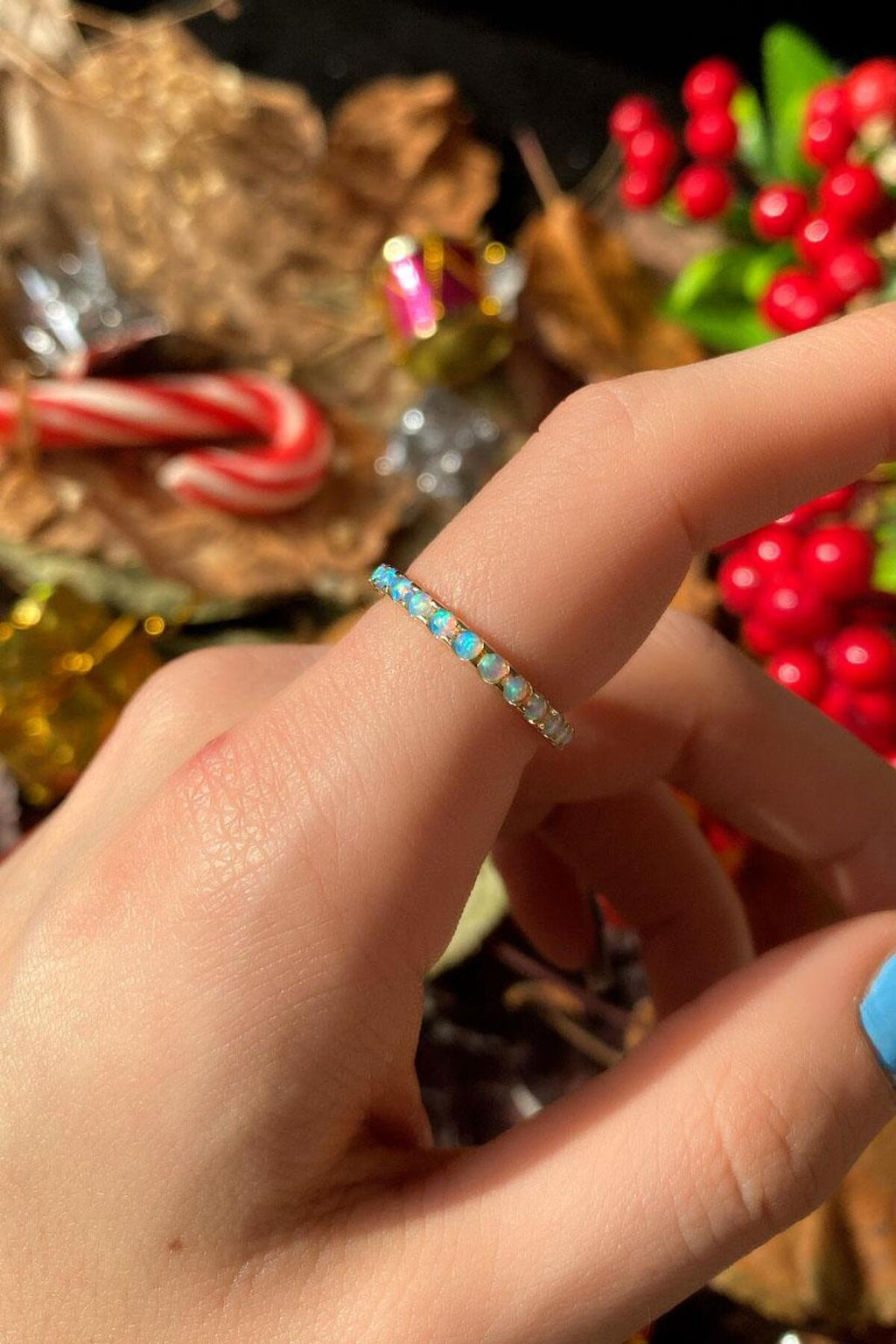 925 Ayar Gümüş, 14 Ayar Gold, Yeşil Opal Taşlı Tam Tur Yüzük