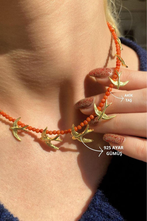 925 Ayar Gümüş, 14 Ayar Gold, Doğal Taşlı, Akik Taş, Kuş Choker Kolye