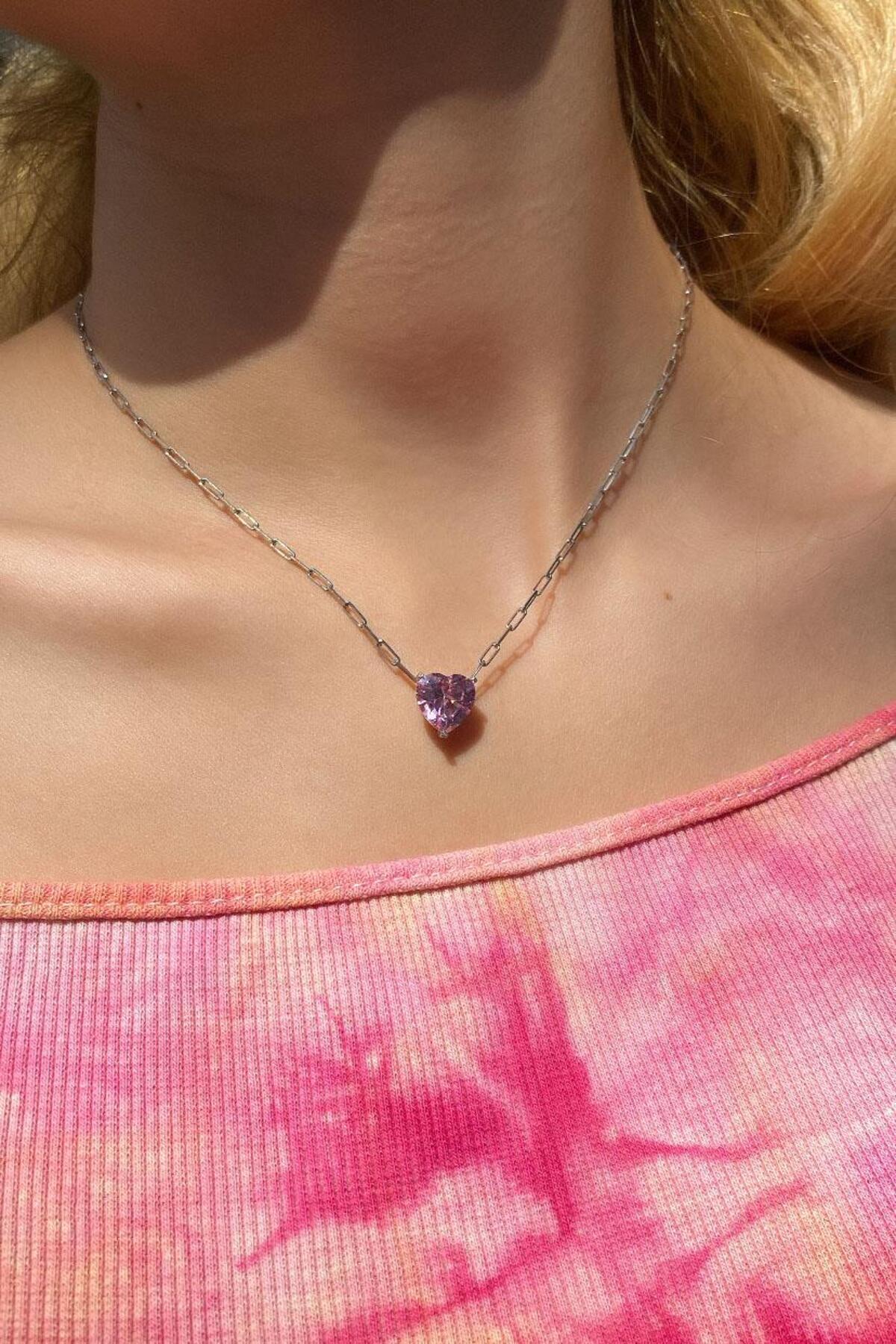 Pembe Taşlı Kalp Choker Kolye