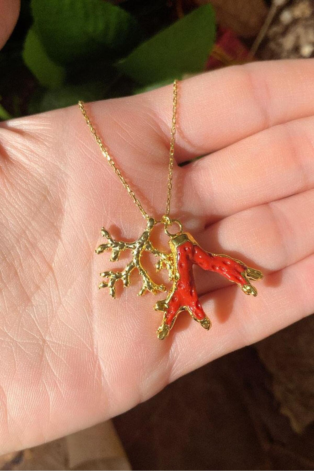 925 Ayar Gümüş, 14 Ayar Gold, Doğal Taşlı, Coral (Mercan) Taşlı, Kolye