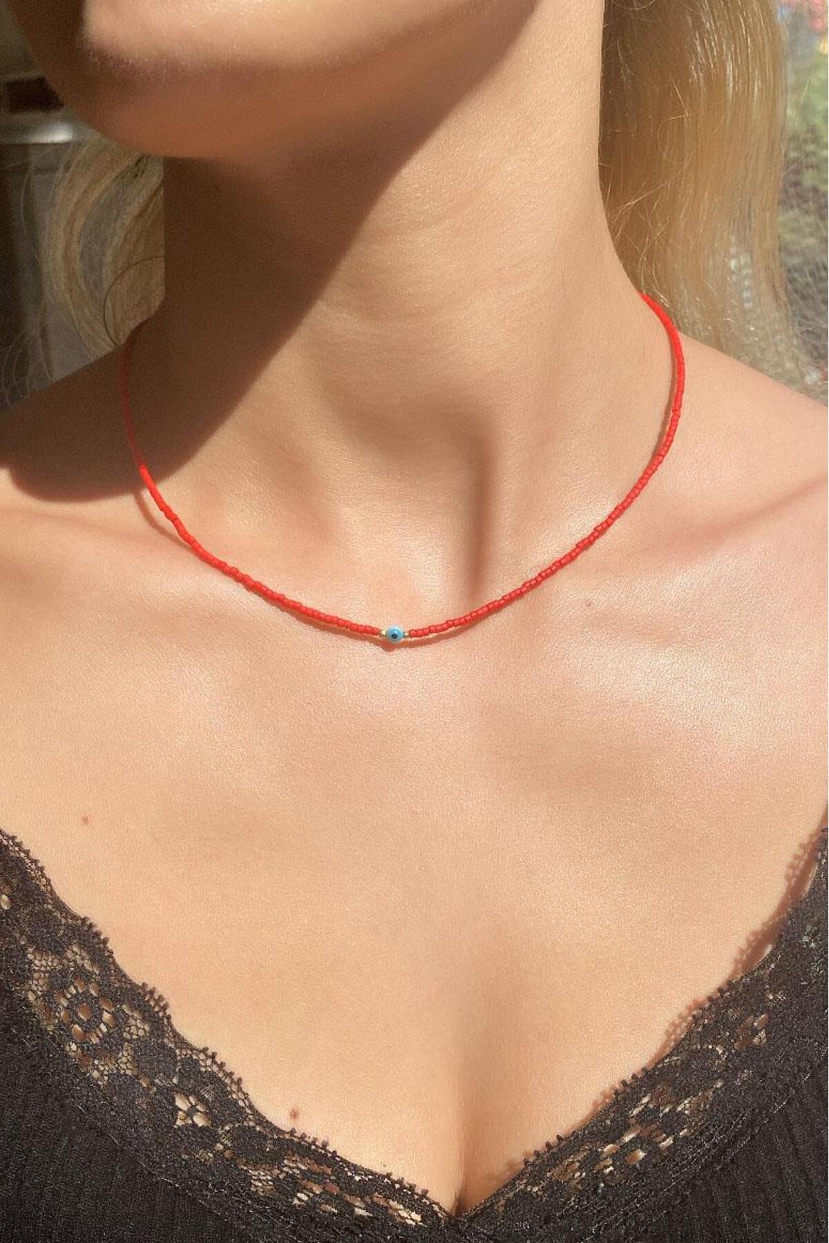 Kiremit Doğal Taşlı Nazar Gözlü Choker Kolye