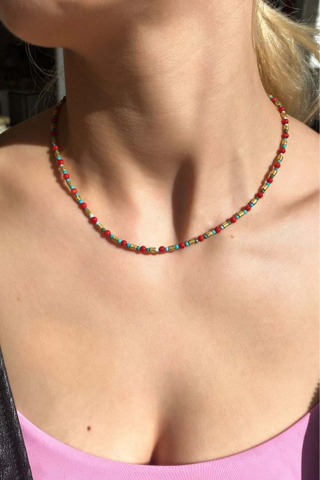 925 Ayar Gümüş, Doğal Taşlı, Araları Kırmızı Akik ve Firuze Taşlı Choker Kolye