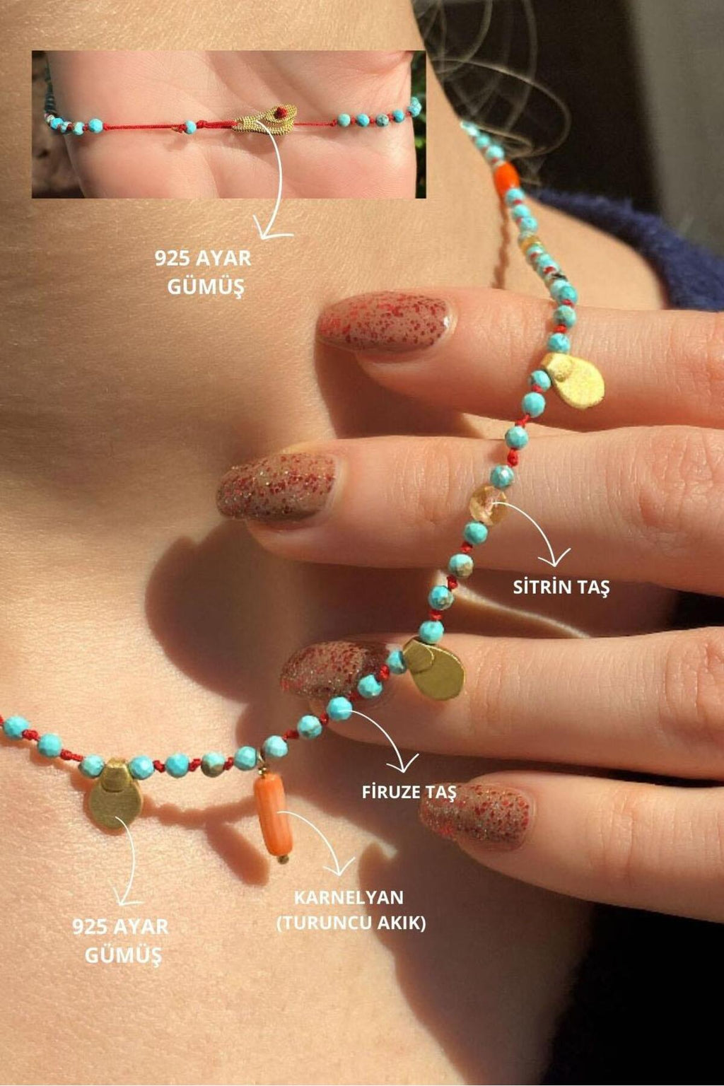 925 Ayar Gümüş, 14 Ayar Gold, Doğal Taşlı, Firuze Taşlı, Red Jasper (Kırmızı Jaspis), Kolye