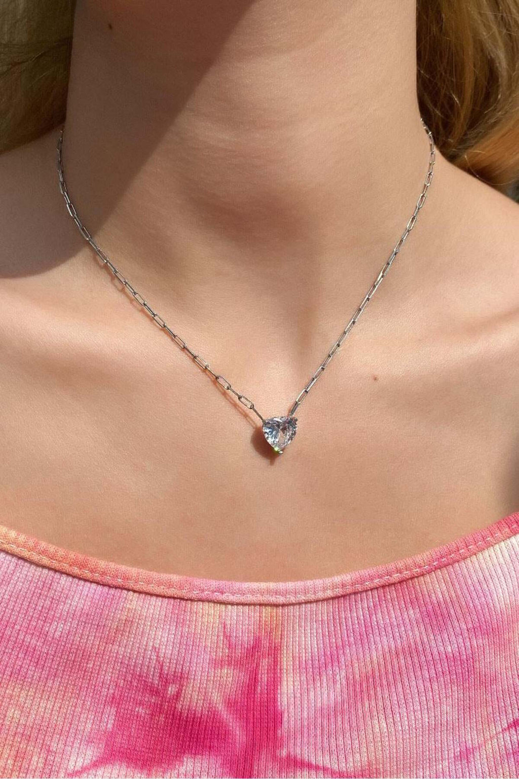 Pembe Taşlı Kalp Choker Kolye