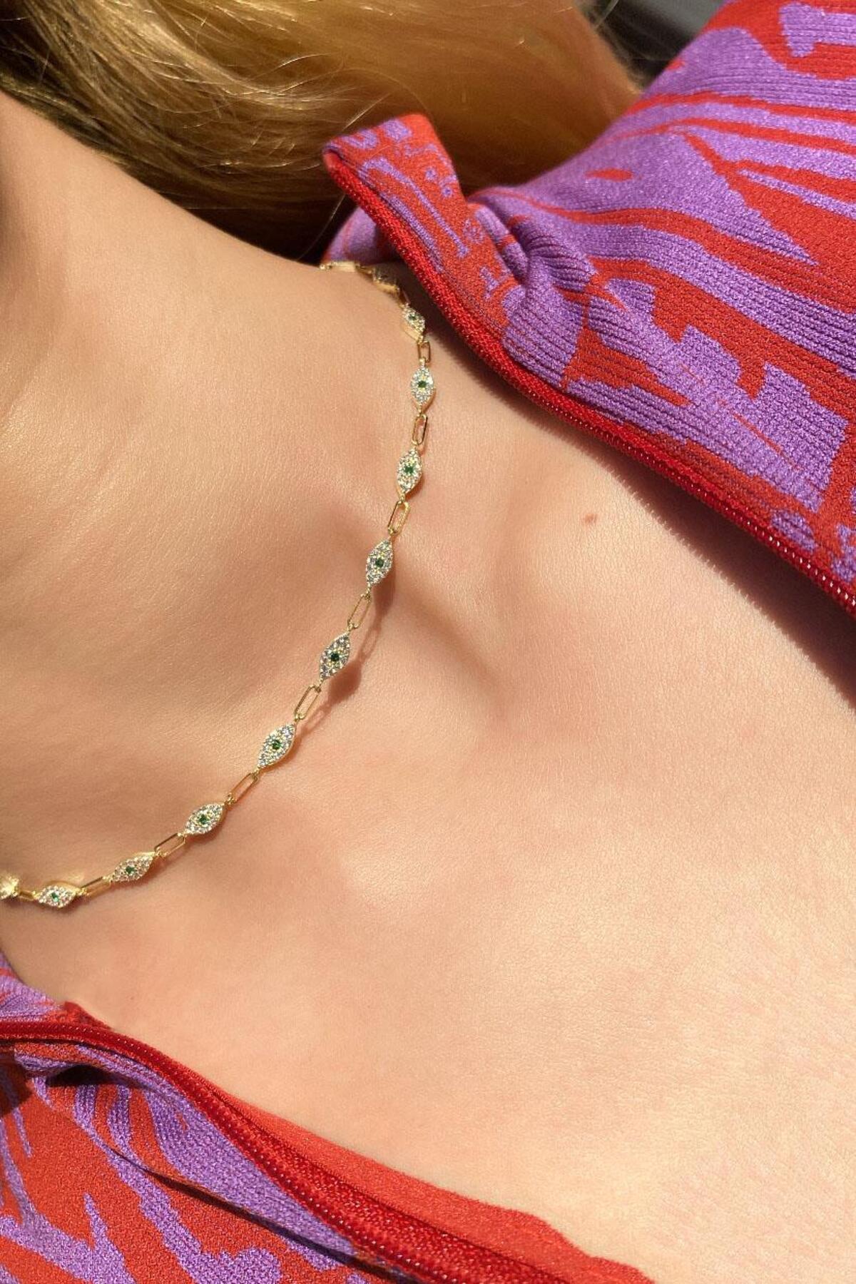 925 Ayar Gümüş, Fuşya Taşlı Göz Choker Kolye