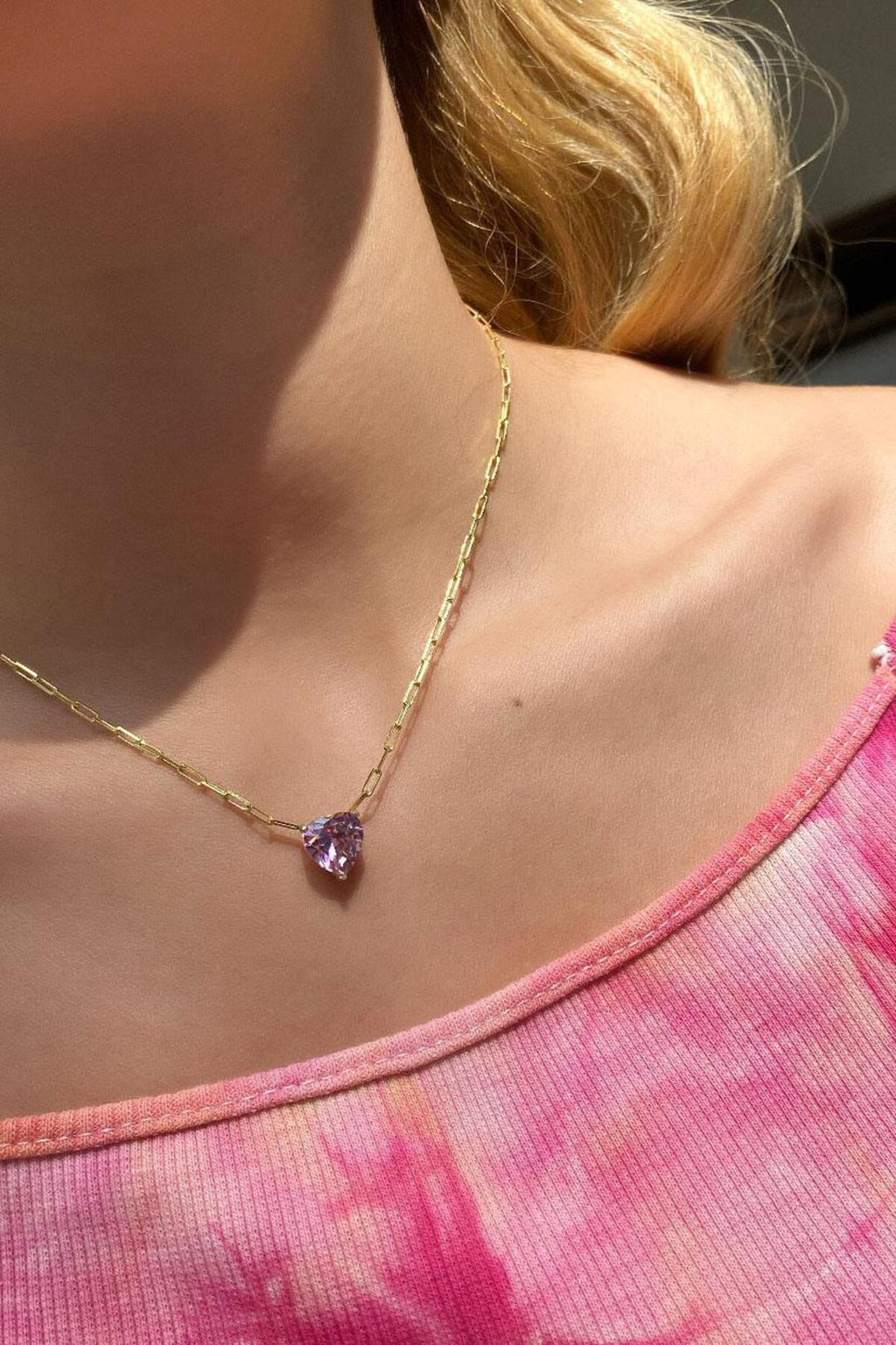 Pembe Taşlı Kalp Choker Kolye