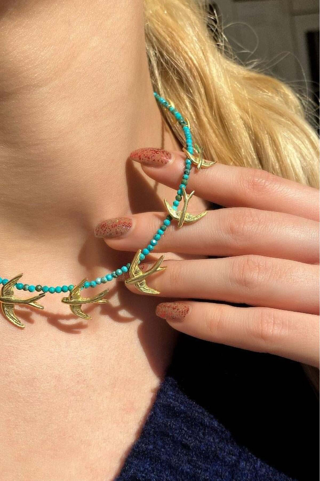 925 Ayar Gümüş, 14 Ayar Gold, Doğal Taşlı, Akik Taş, Kuş Choker Kolye