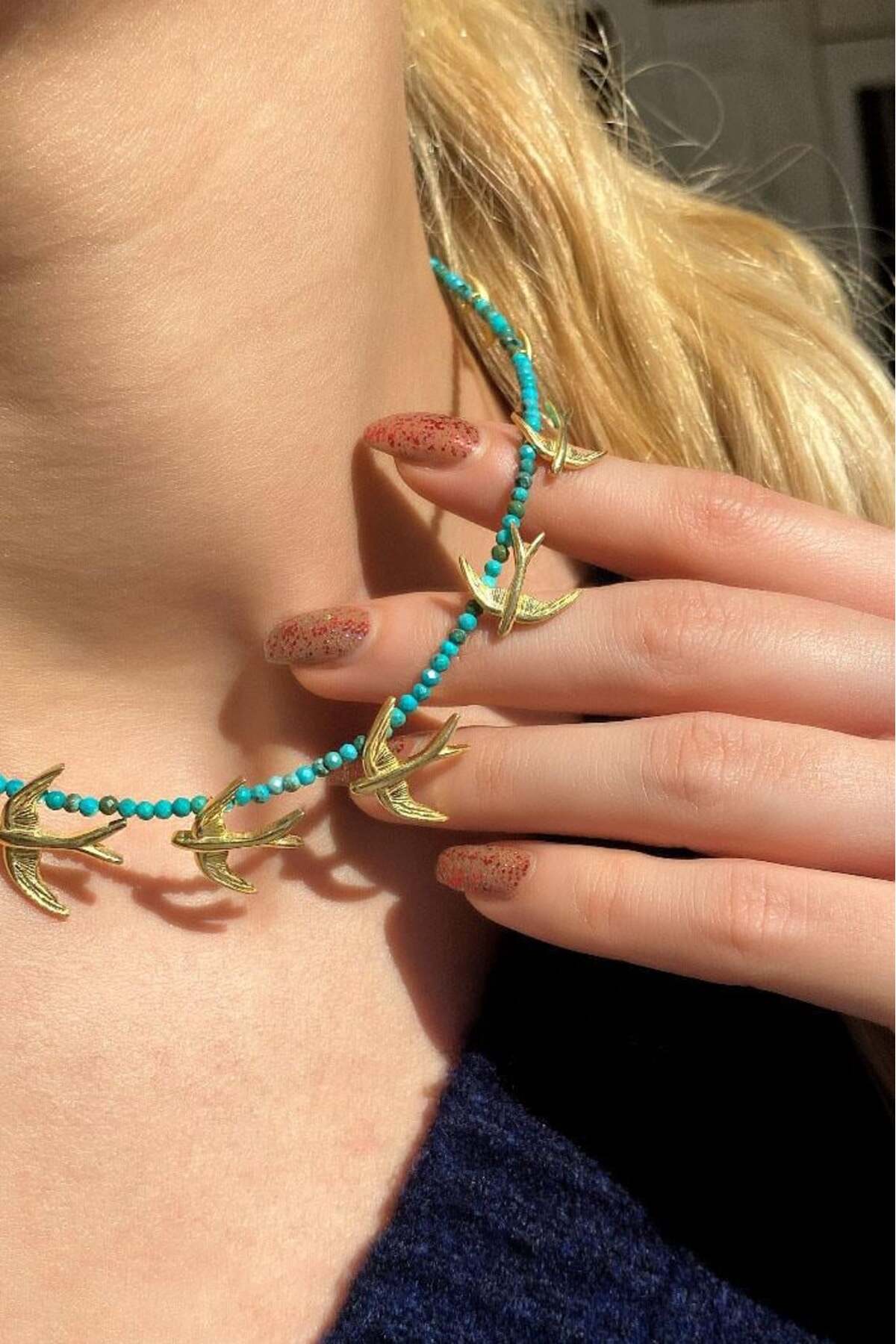 925 Ayar Gümüş, 14 Ayar Gold, Doğal Taşlı, Akik Taş, Kuş Choker Kolye