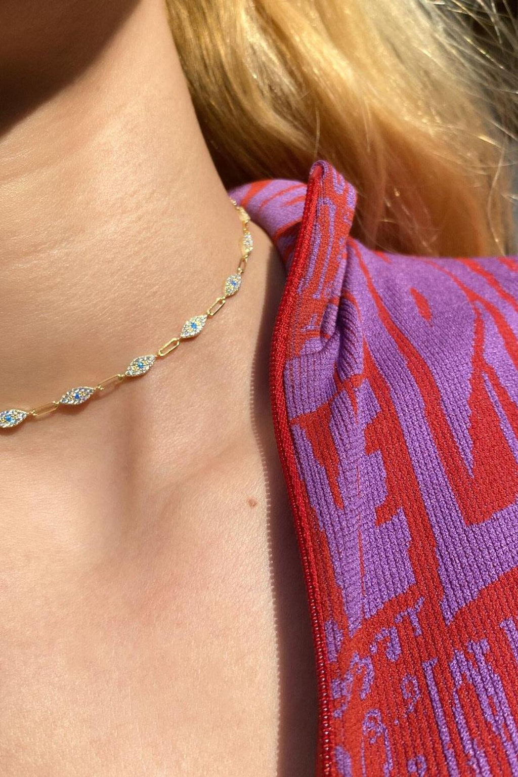 925 Ayar Gümüş, Fuşya Taşlı Göz Choker Kolye