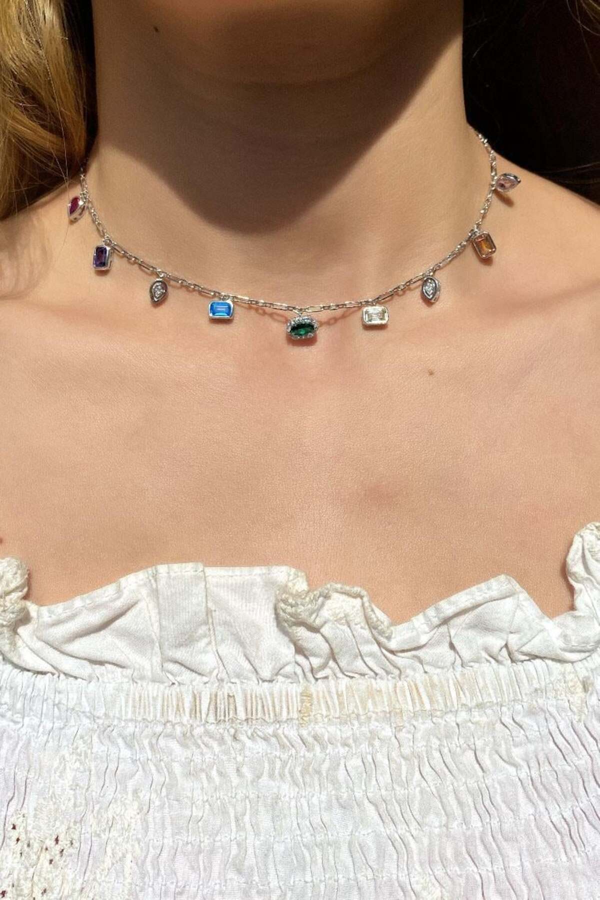 925 Ayar Gümüş, 14 Ayar Gold, Mix/Renkli Baget Taşlı Choker Kolye