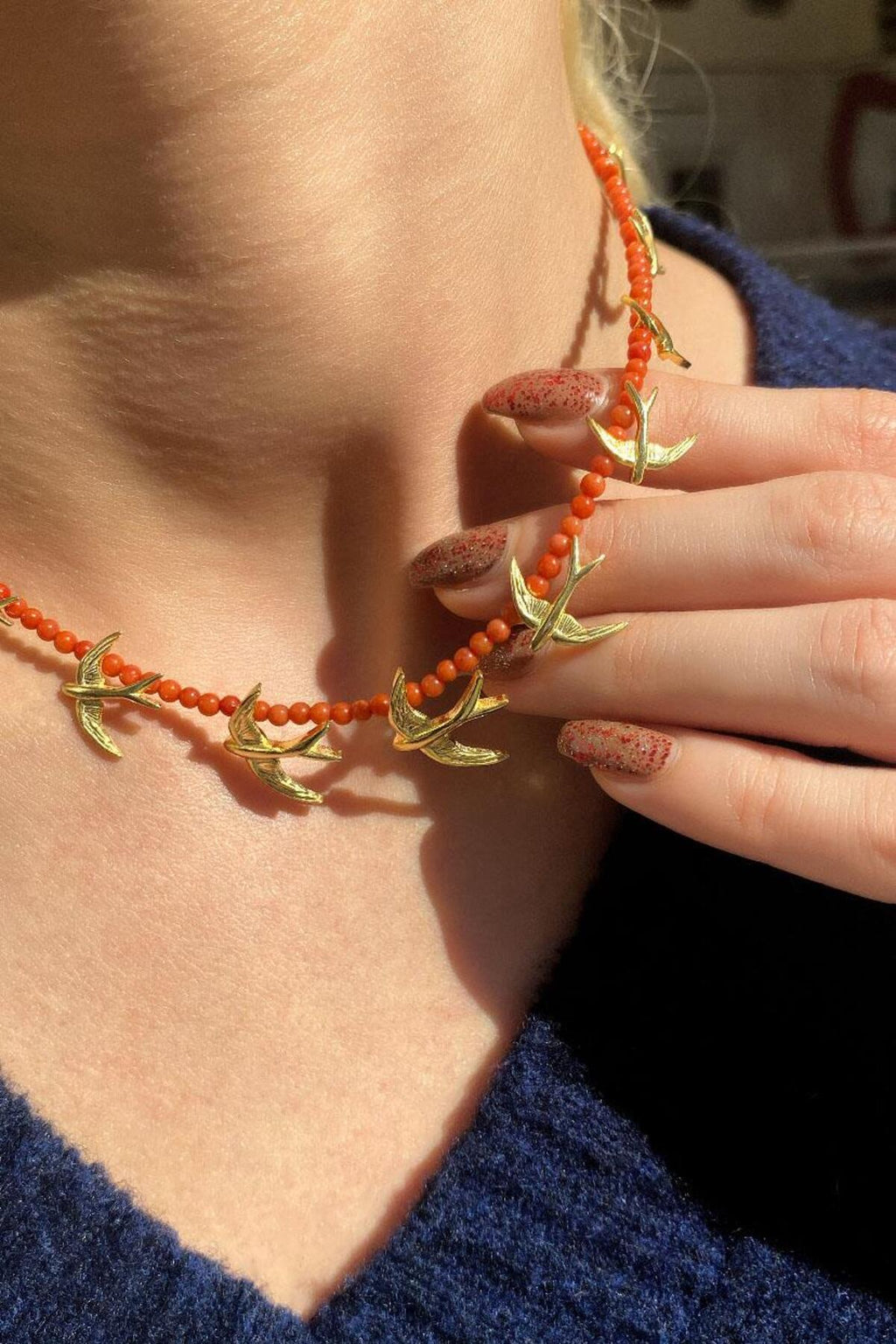 925 Ayar Gümüş, 14 Ayar Gold, Doğal Taşlı, Akik Taş, Kuş Choker Kolye