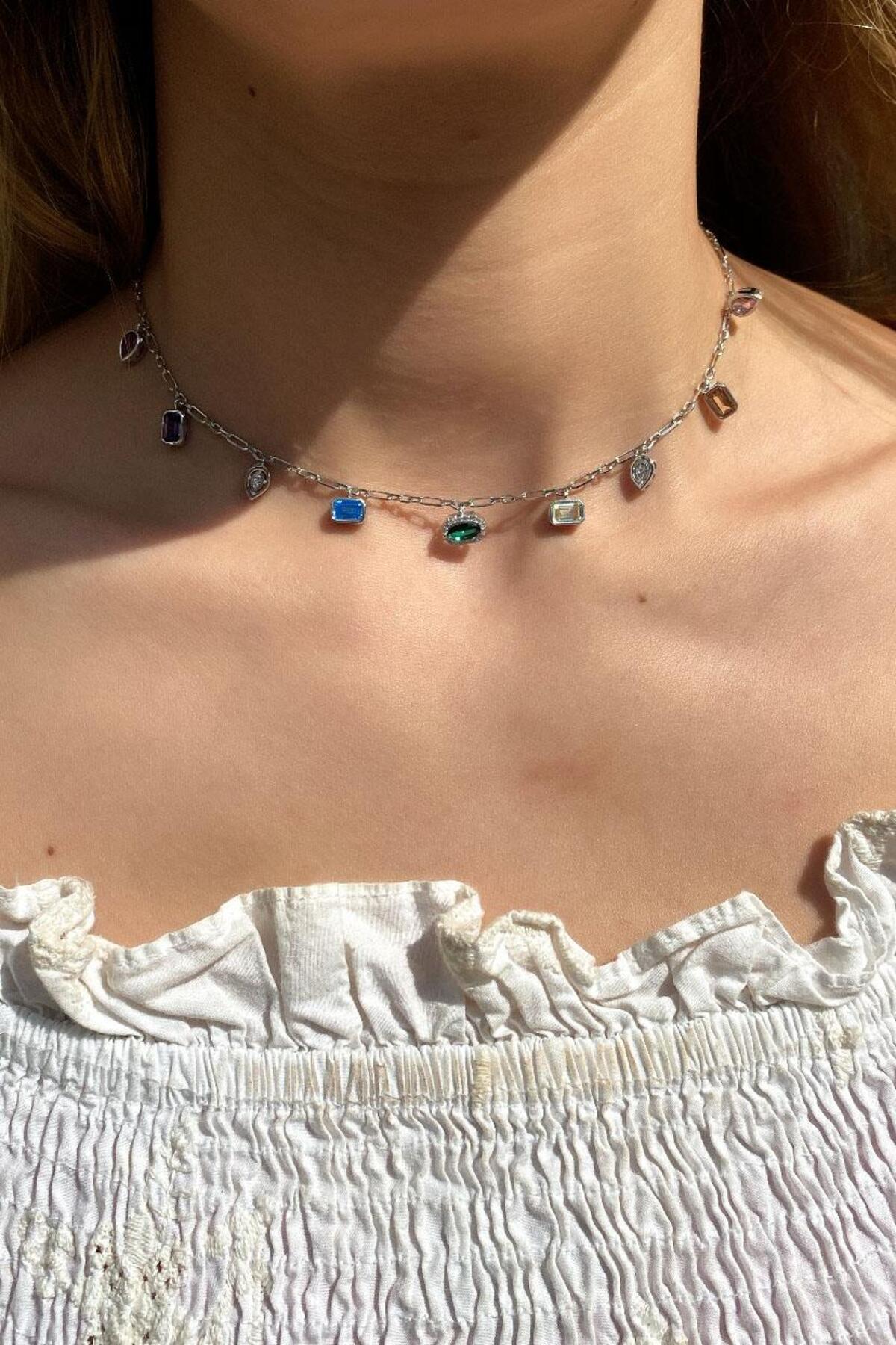 925 Ayar Gümüş, 14 Ayar Gold, Mix/Renkli Baget Taşlı Choker Kolye