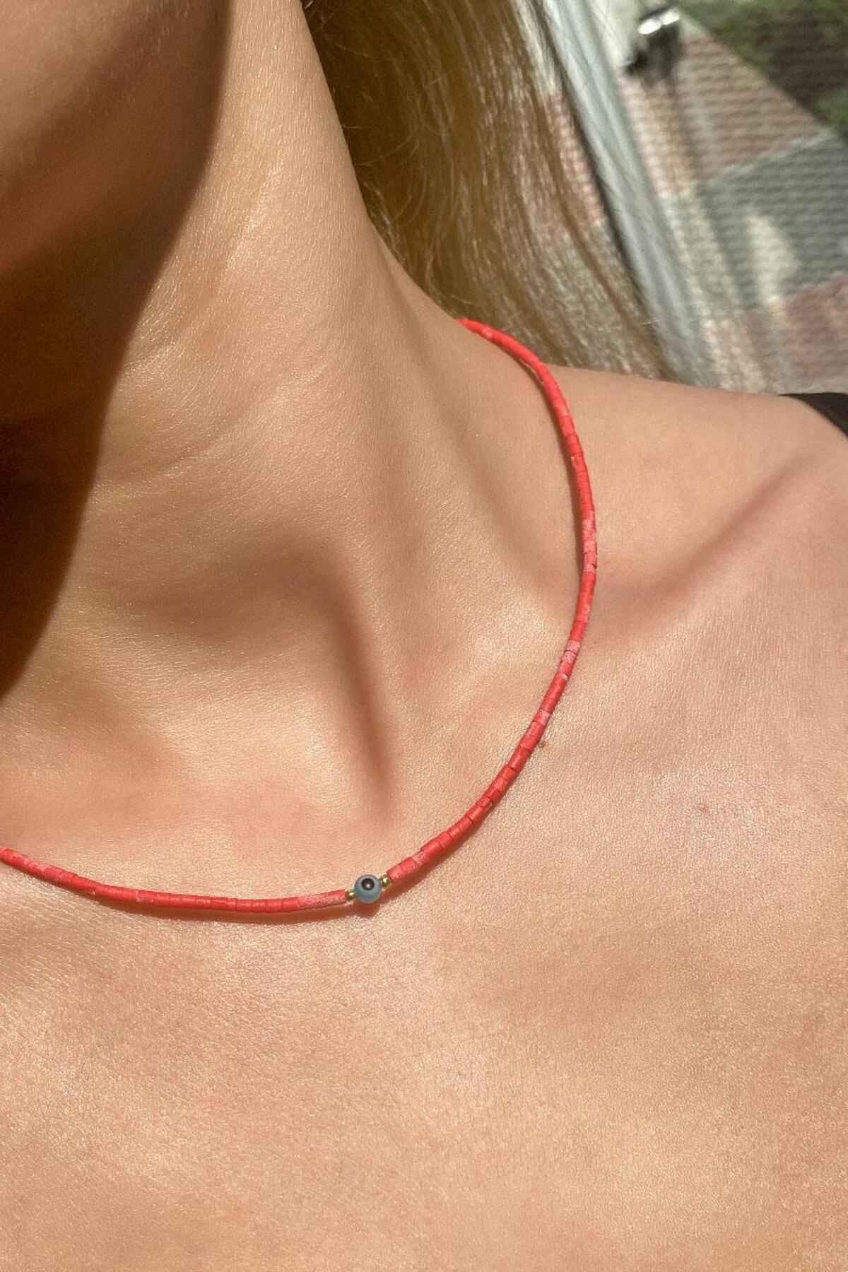 Kiremit Doğal Taşlı Nazar Gözlü Choker Kolye