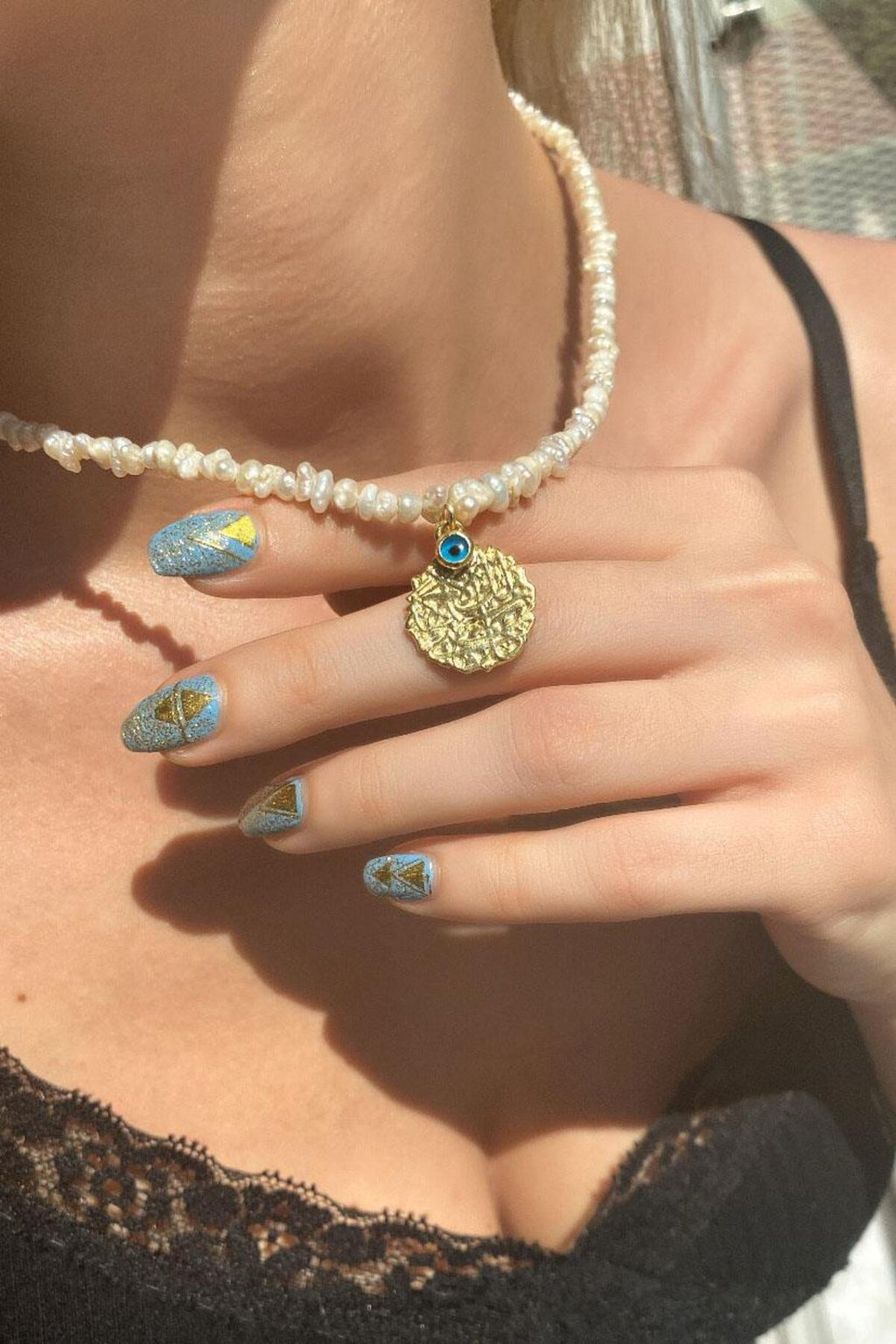 925 Ayar Gümüş, 14 Ayar Gold, Nazar Gözlü Gerçek İnci Choker Kolye