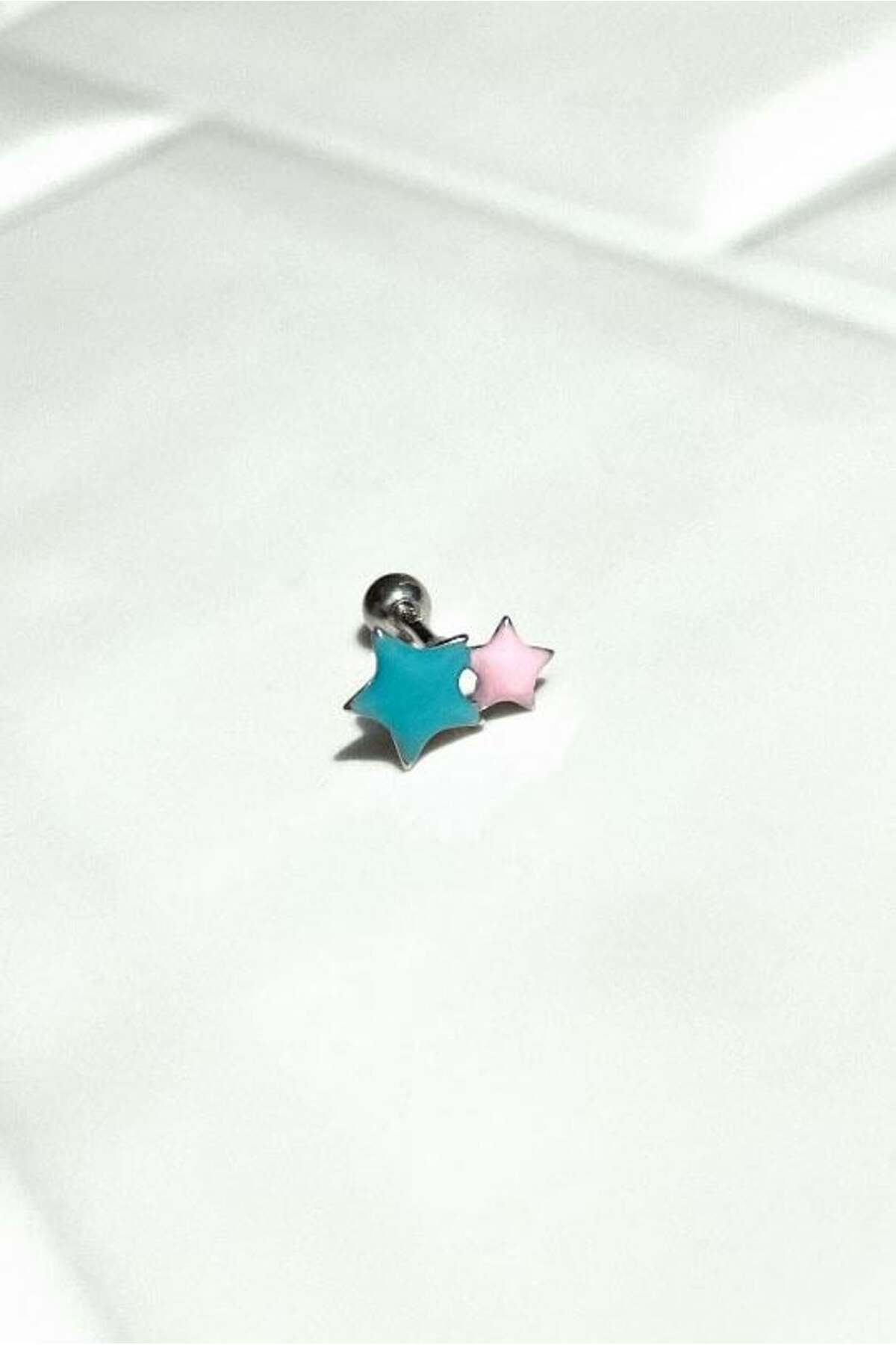 Turkuaz Ve Pembe Mineli Yıldız Piercing Küpe