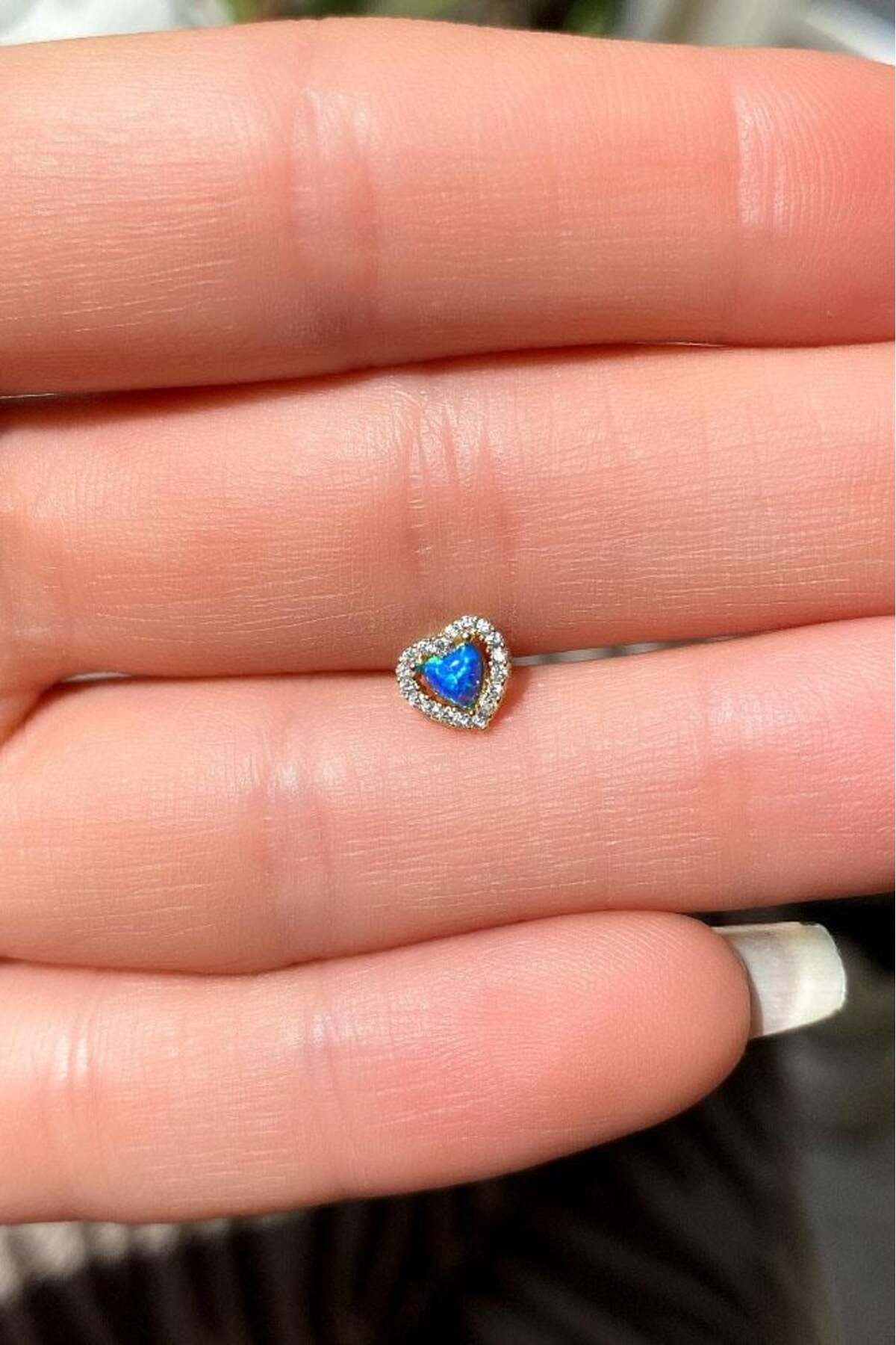 Mavi Opal Taşlı Kalp Piercing Küpe