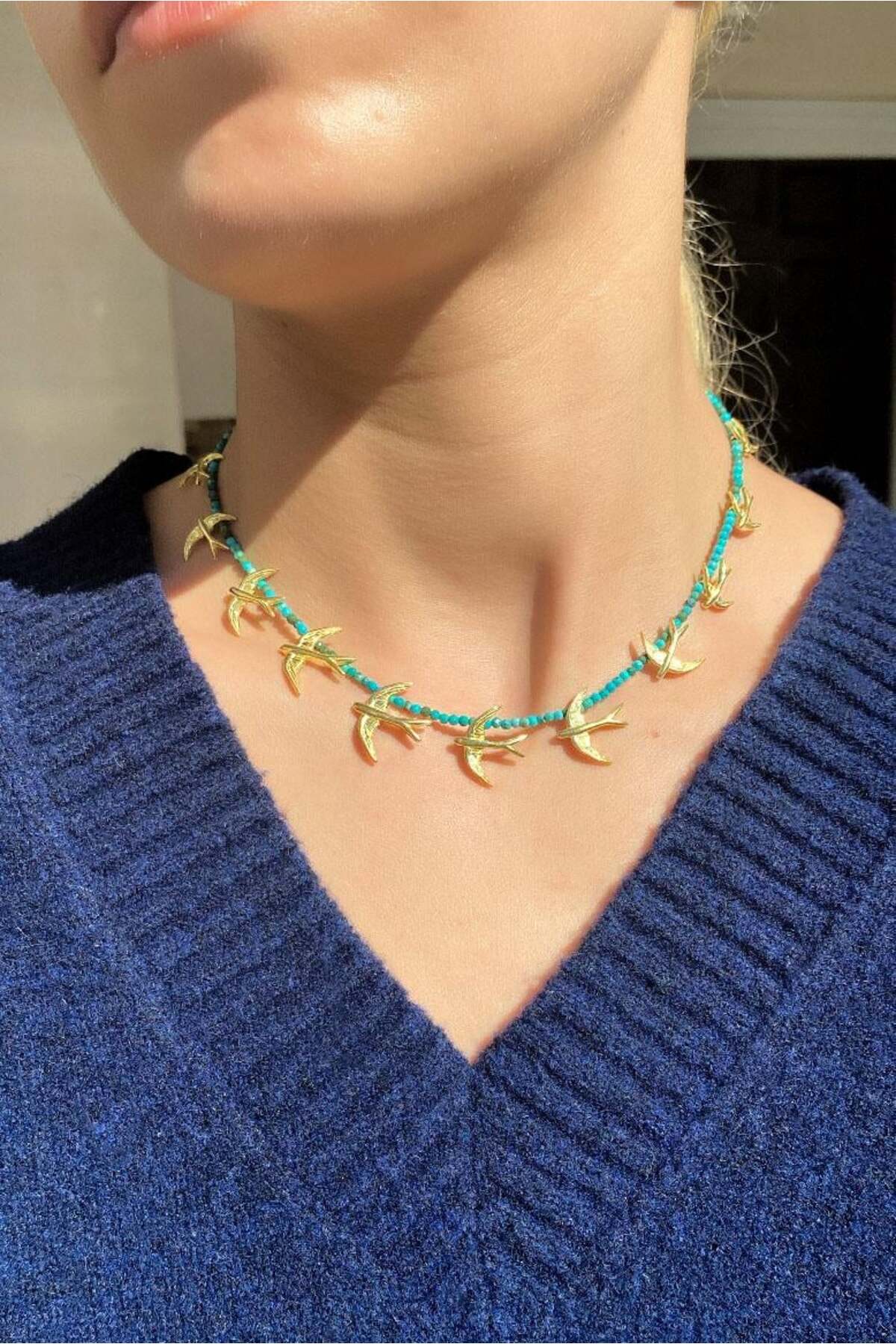 925 Ayar Gümüş, 14 Ayar Gold, Doğal Taşlı, Akik Taş, Kuş Choker Kolye