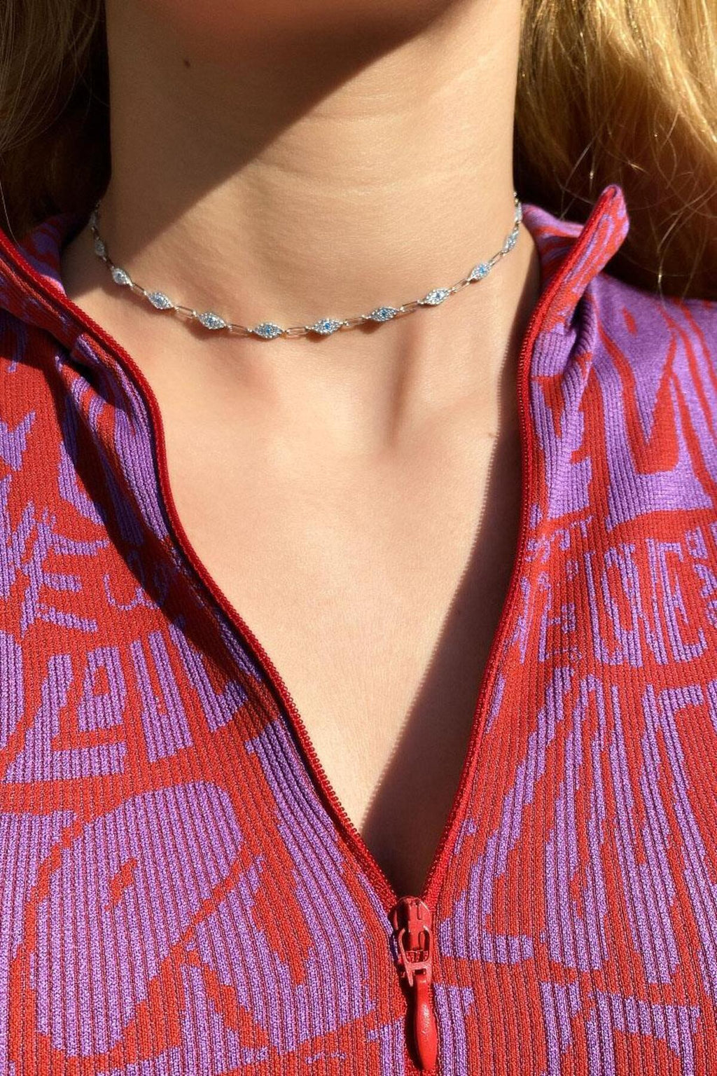 925 Ayar Gümüş, Fuşya Taşlı Göz Choker Kolye