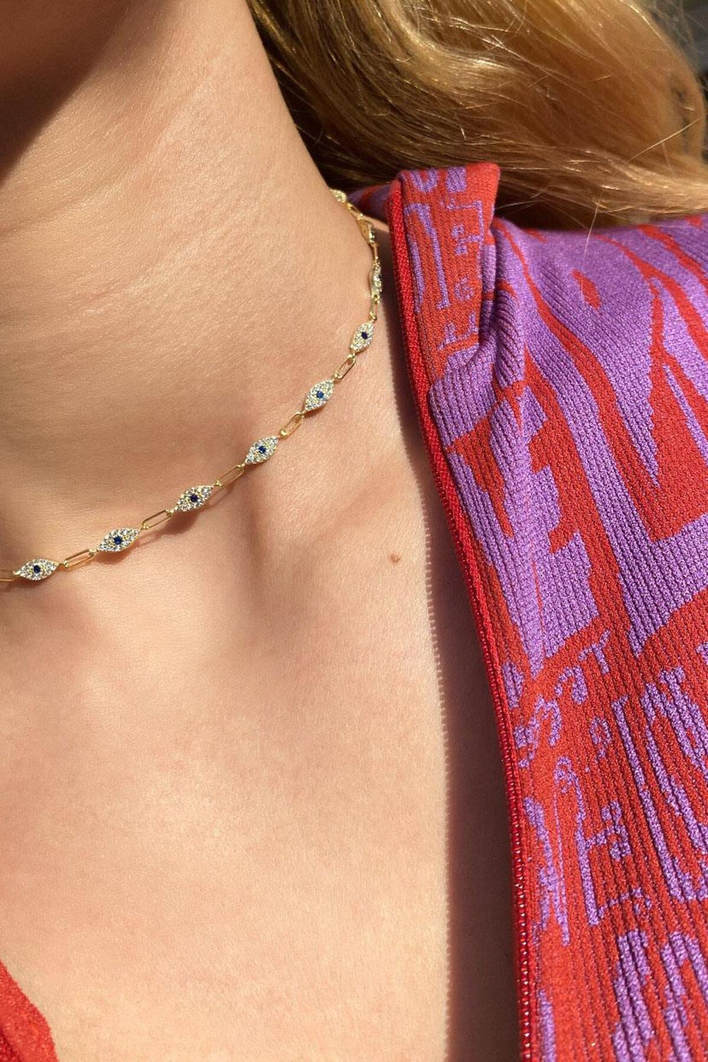 925 Ayar Gümüş, Fuşya Taşlı Göz Choker Kolye