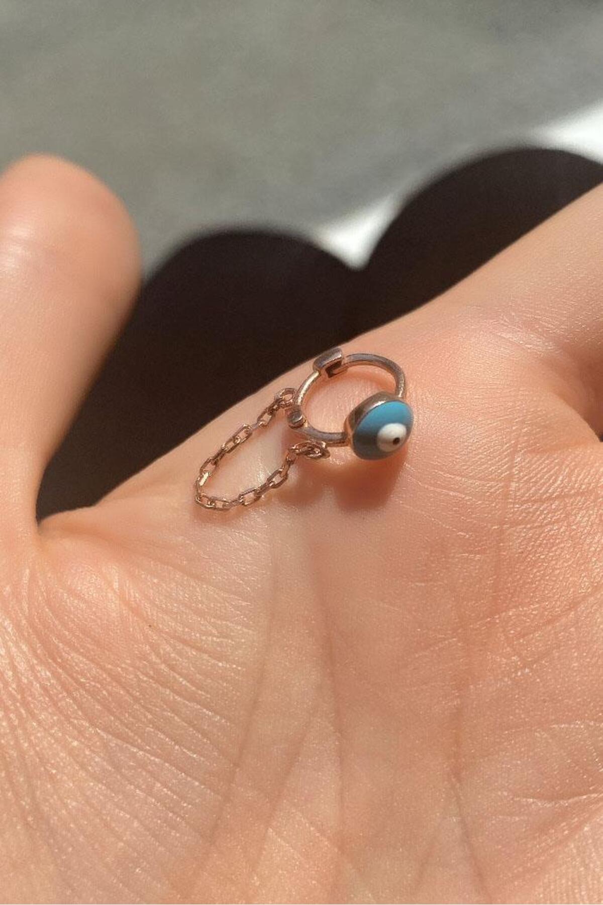 Büyük Boy Mineli Nazar Göz Zincirli Halka Piercing Küpe