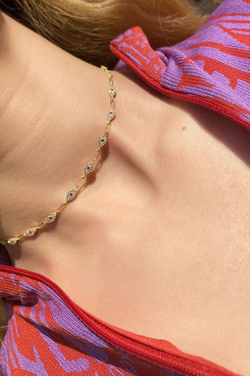 925 Ayar Gümüş, Fuşya Taşlı Göz Choker Kolye