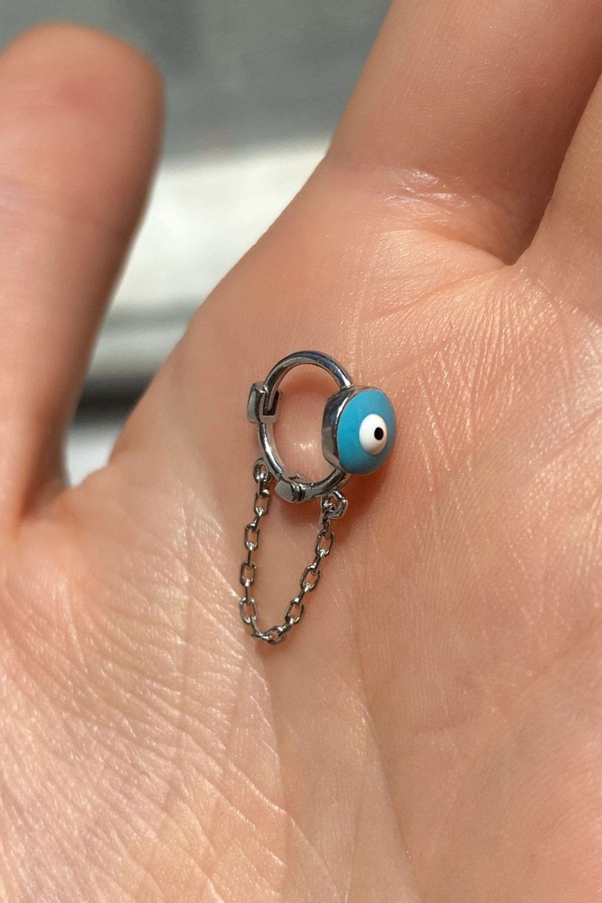 Büyük Boy Mineli Nazar Göz Zincirli Halka Piercing Küpe