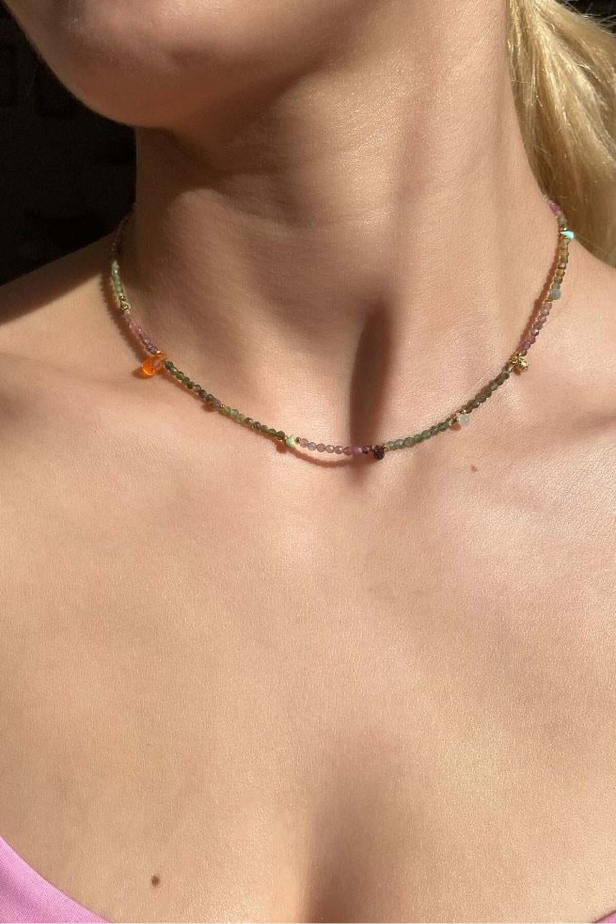 925 Ayar Gümüş, Tourmaline Doğal Taşlı Choker Kolye
