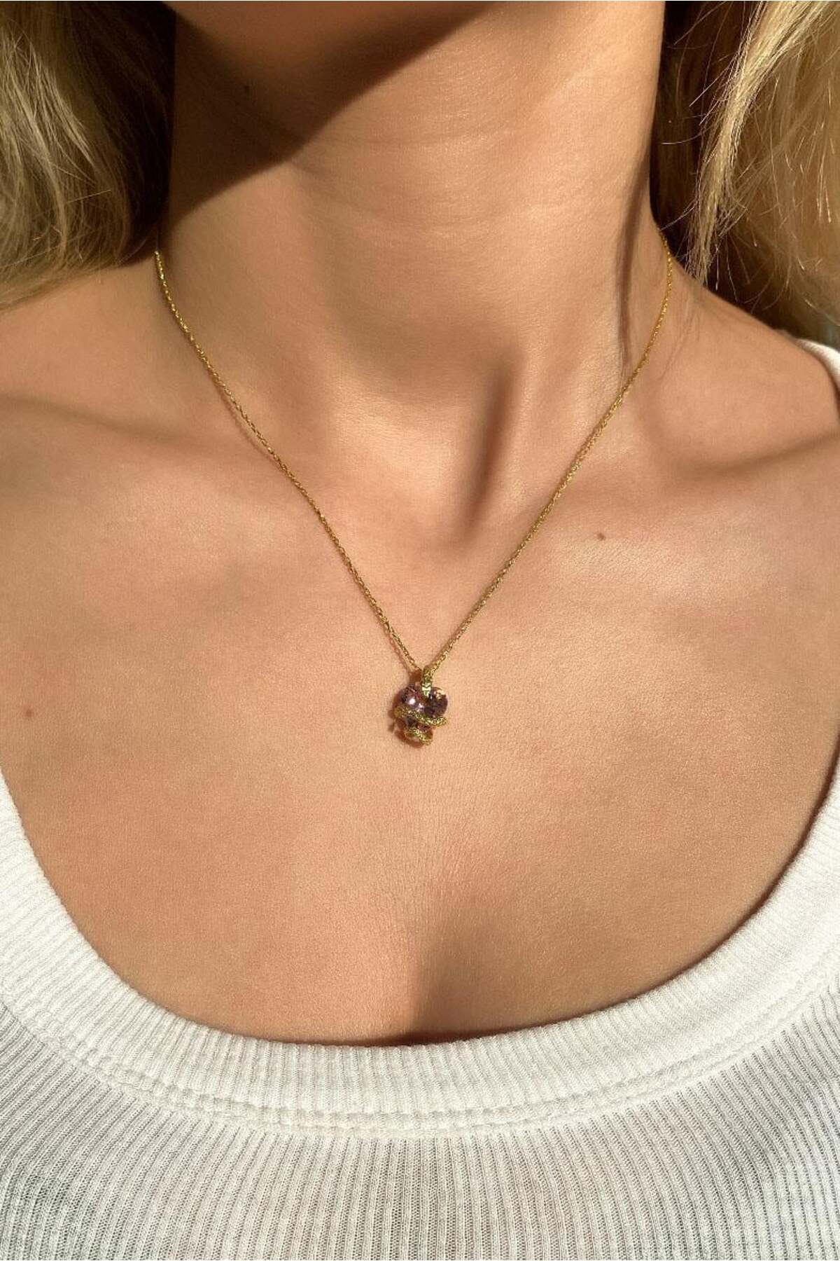 925 Ayar Gümüş, 14 Ayar Gold, Kırmızı Kalpli Yılan Kolye