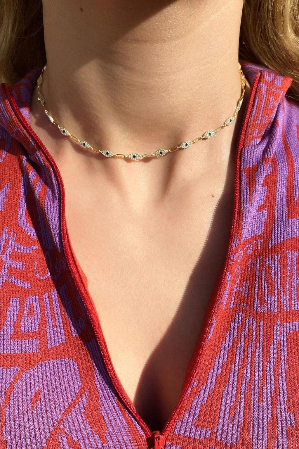 925 Ayar Gümüş, Fuşya Taşlı Göz Choker Kolye