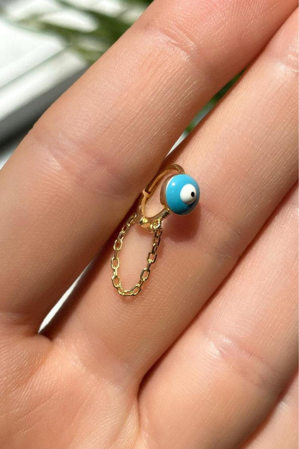 Büyük Boy Mineli Nazar Göz Zincirli Halka Piercing Küpe