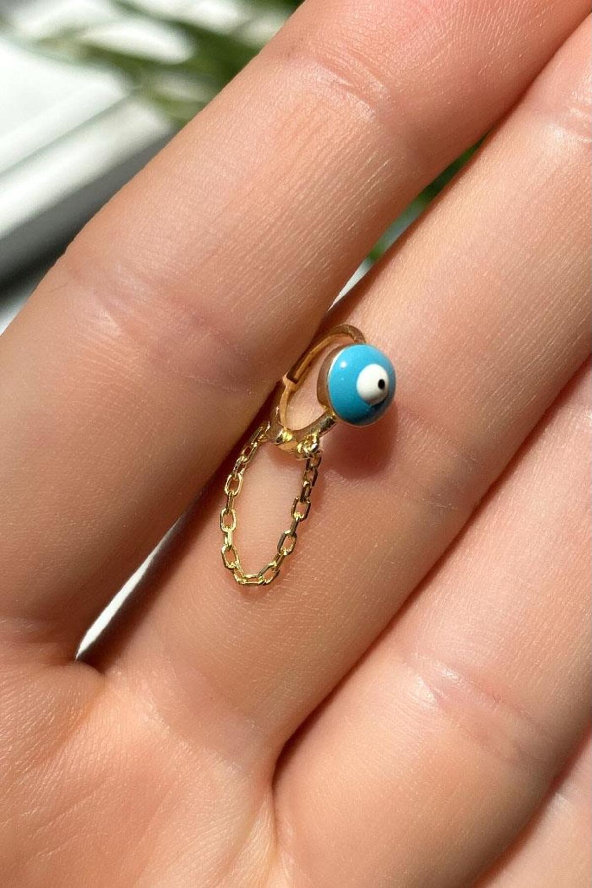 Büyük Boy Mineli Nazar Göz Zincirli Halka Piercing Küpe